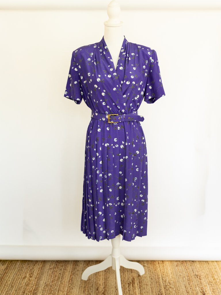 Vintage Leslie Fay Size 10 P Purple Floral Midi Tea Day Dress Belted Derby 80s
